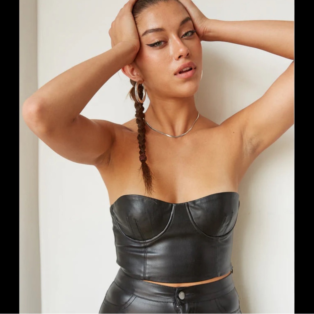 American Threads Black Strapless Faux Leather Crop Top